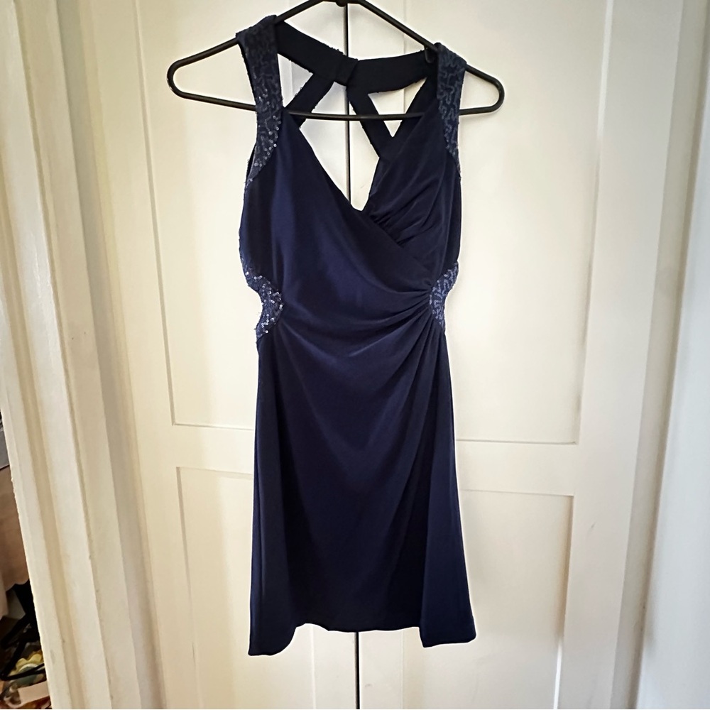 Elegant Navy Blue Dress with Lace Accents
